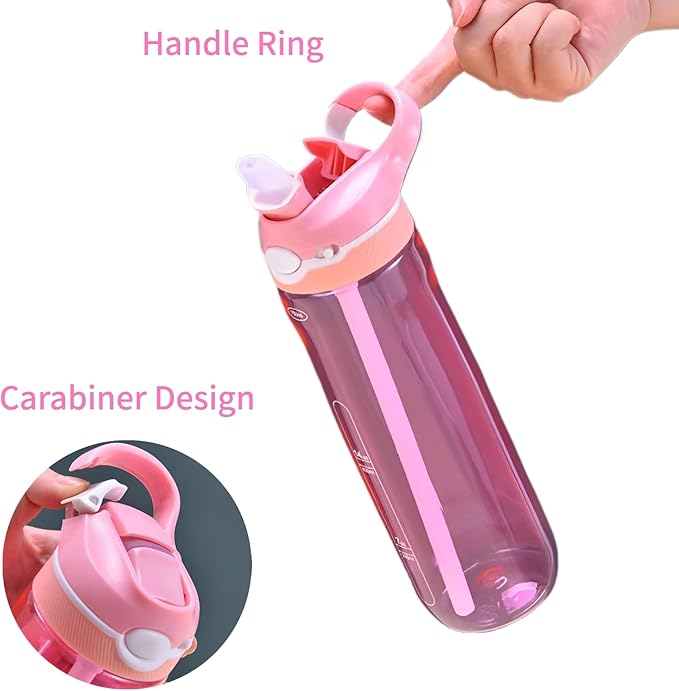 25oz Pink Water Bottle with Clip Handle and Locking Lid, Reusable Travel Tritan Water Bottle with Straw and Sports Plastic Water Bottle - Pink