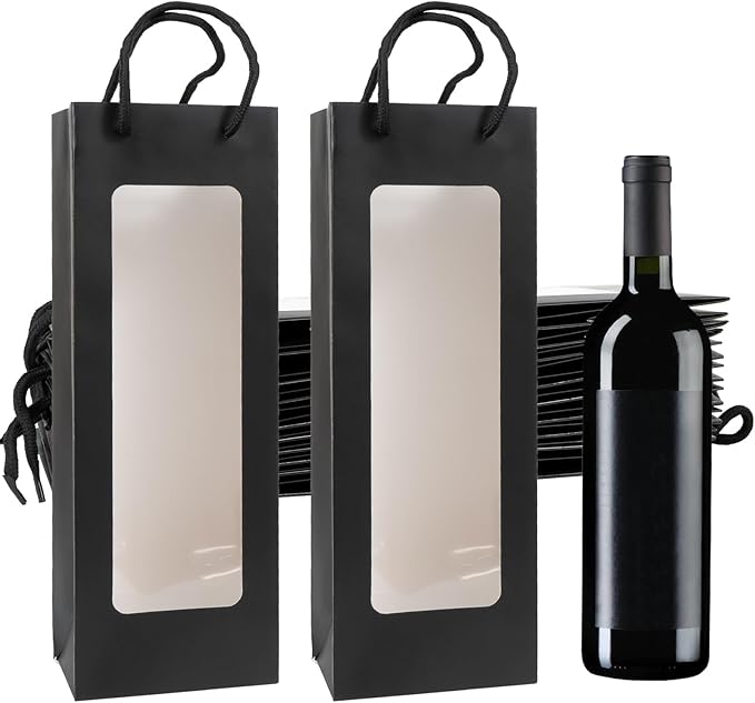 Cyblinia 20 Pack Wine Gift Bags Paper Wine Bags 14.2 x 4.9 x 3.4 Inch Wine Bottle Bags with Clear Window for Weddings, Valentine's Day, Birthday, Party