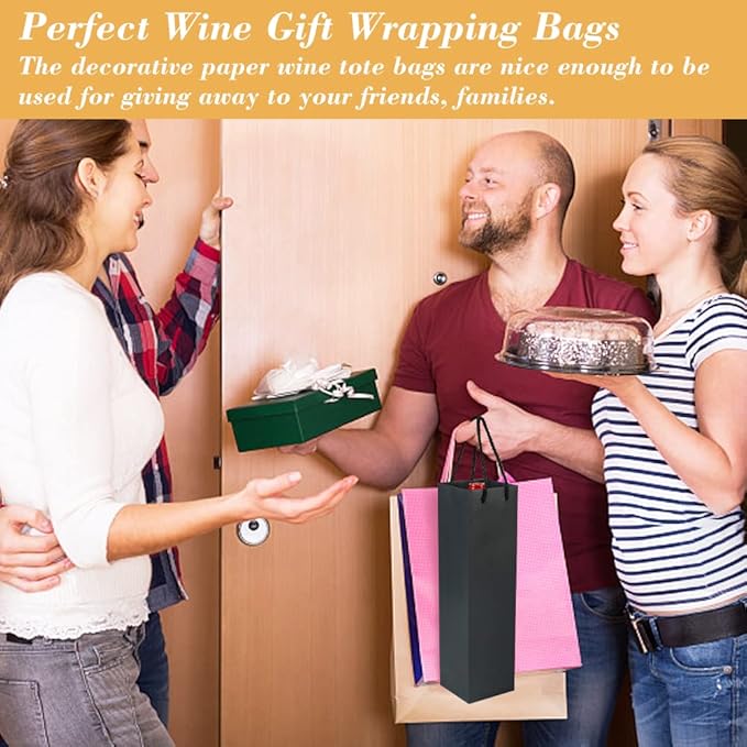 HRX Package Sturdy Kraft Paper Single Bottle Wine Gift Bags, 12PCS Quality Paper Wine Tote Bags with Handles for Christmas, Party, Shopping, Retail Merchandise (Black)