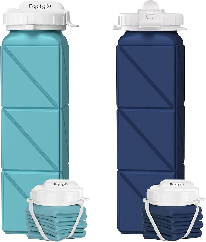 Collapsible Water Bottles 20.7oz Leakproof with Straw Lid Food-Grade BPA-Free Silicone Travel Foldable Water Bottles for Sports Office Gym Hiking Driving 610ML (Type2 Navy Blue+Green)