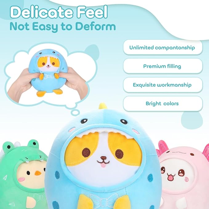 Cute Plush Corgi Dinosaur Stuffed Animal Pillow, 8" Soft Kawaii Shiba Inu Corgi Plushie with Dinosaur Outfit Gift for Kids