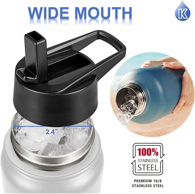 Water Bottle Insulated 32oz Straw Lid, Leak Proof, Vacuum Insulated,Stainless Steel Water Bottle Wide Mouth for Sports, Gym, BPA-Free Keep Cold 24H Hot 12H (Dark green)