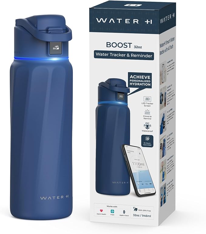BOOST Smart Water Bottle with Reminder to Drink Water & Water Tracker Bottle - Double Wall Vacuum Insulated Water Bottle Stainless Steel, Wide Mouth 32 oz Water Bottles, Ideal for Gift - Blue
