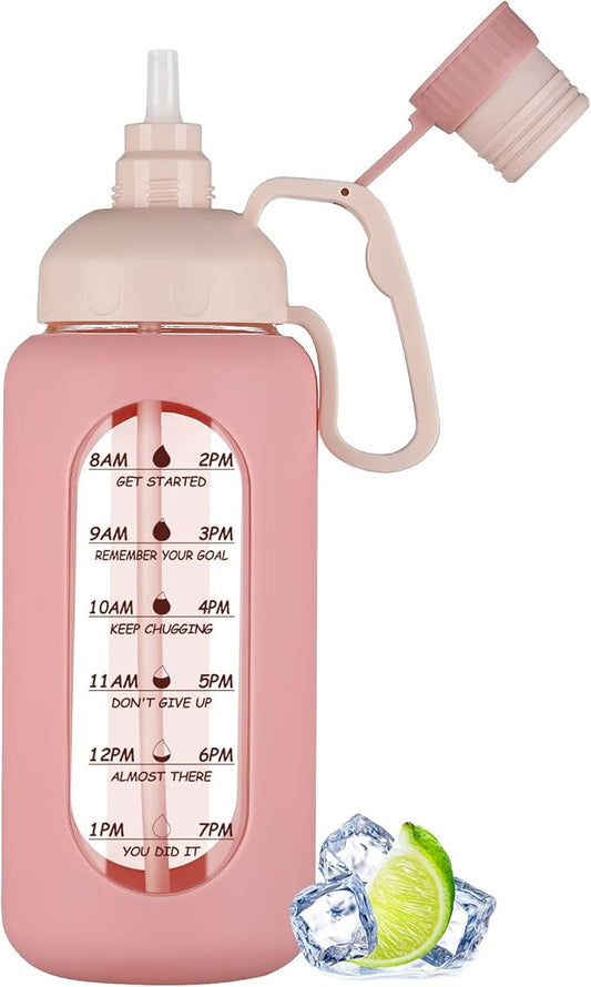 MUKOKO 64oz Glass Water Bottles with Straw, Half Gallon Water Bottle with Time Marker, Motivational Water Bottle with Silicone Sleeves,Large Glass Water Bottle for Gym,Working,Outdoor,Pink