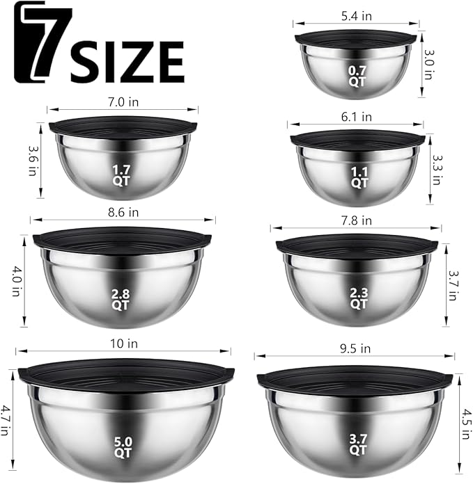 Mixing Bowls with Lids set - 26 PCS Stainless Steel Nesting Black Mixing Bowls Set for Baking, Mixing, Serving & Prepping, Size 5, 3.7, 2.8, 2.3, 1.7, 1.1, 0.7QT, 12 Cooking Utensils