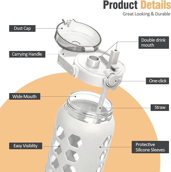 MUKOKO 56oz Glass Water Bottles with Straw and Lid,Motivational Water Jug with Time Marker Reminder and Silicone Sleeve,100% Leakproof BPA Free Fitness Sports Large Bottle-White