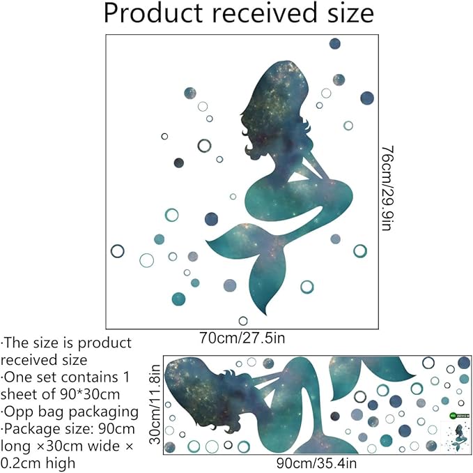 Mermaid Wall Stickers - Enchanting Blue & Green Design, 70cm x 27.5in, with 90 Bubbles