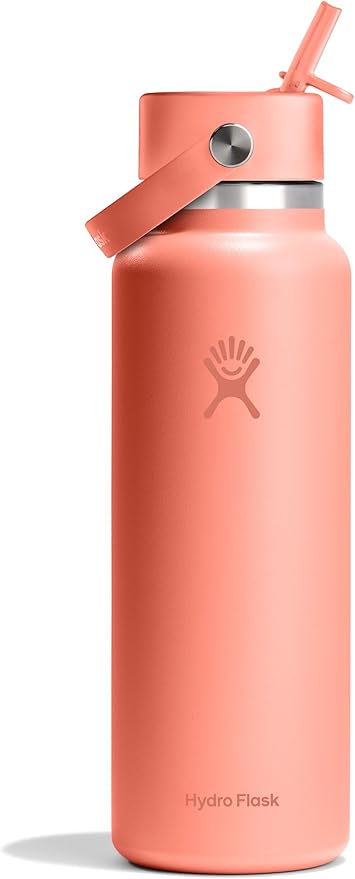 HYDRO FLASK Wide Mouth vacuum insulated stainless steel water bottle with leakproof closeable straw lid for cold water drinks, sports, travel, car and school