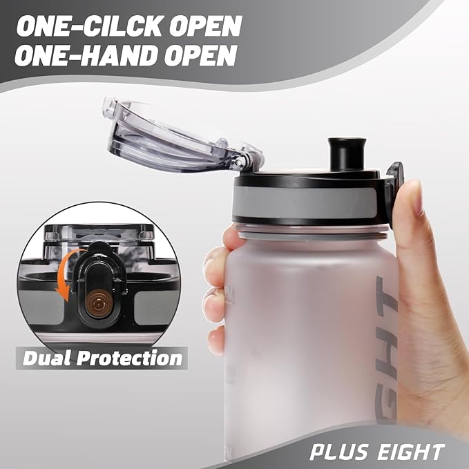 Sports Water Bottle, 32 oz Motivational Water Bottles with Time Marker to Drink, Leak-Proof Tritan BPA-Free with Carrying Strap for Women Men Gym Fitness Outdoor (Gray Black)