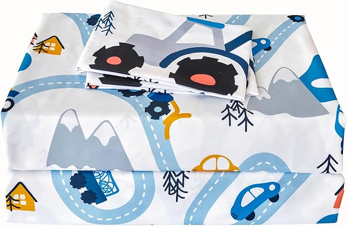 RYNGHIPY Kids Full Bed Sheets: Cars Print Sheets Set for Boys - Breathable Wrinkle Free Microfiber Flat Sheet Fitted Sheet and Pillowcases (White,Full)