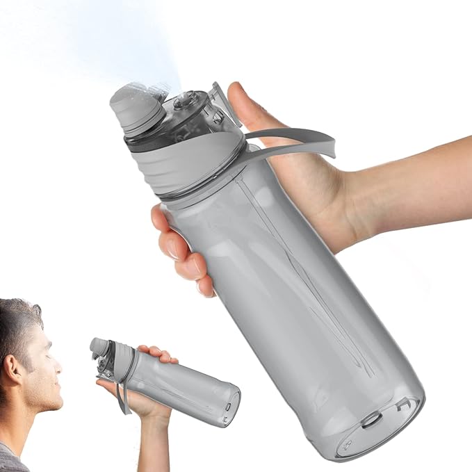 FEIJIAN Mist Water Bottle,32oz Sports Water Bottle with 2-IN-1 Mist & Sip Function, BPA-Free Plastic Water Bottles, Misting Water Bottle, Leakproof & Lightweight, Ideal for Fitness and Outdoor, Gray