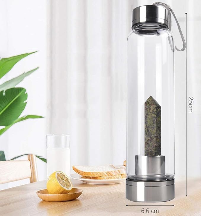 Crystal Glass Water Bottle, Glass Water Bottle with Changeable Natural Crystal Center, Quartz Gemstone Water Bottle for Natural