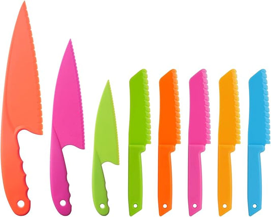 MOTYAWN 8 Pieces Kids Plastic Nylon Cooking Knife Set, Safe Knives for Bread Without BPA,Children's Safe Cooking Chef Nylon Knives for Cooking and Cutting Fruits, Veggies & Cake