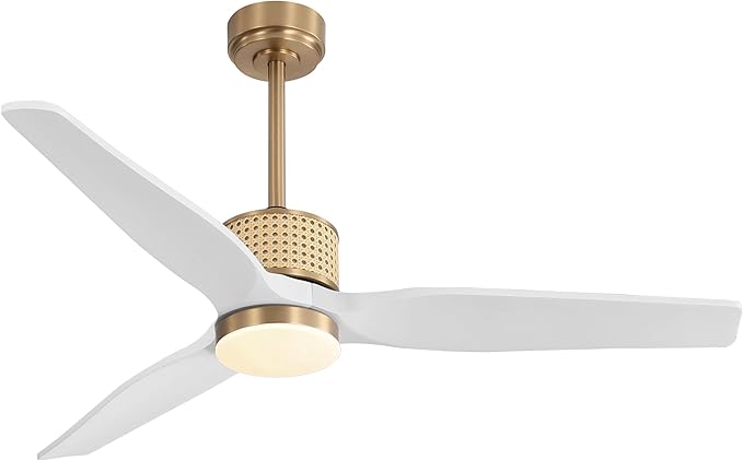 52" Ceiling Fan with Light and Remote, 3 Solid Wood Blades, Noiseless Reversible DC Motor Ceiling Fan with 4.5"/12" Downrods for Bedroom/Living Room/Porch (Gold/White)