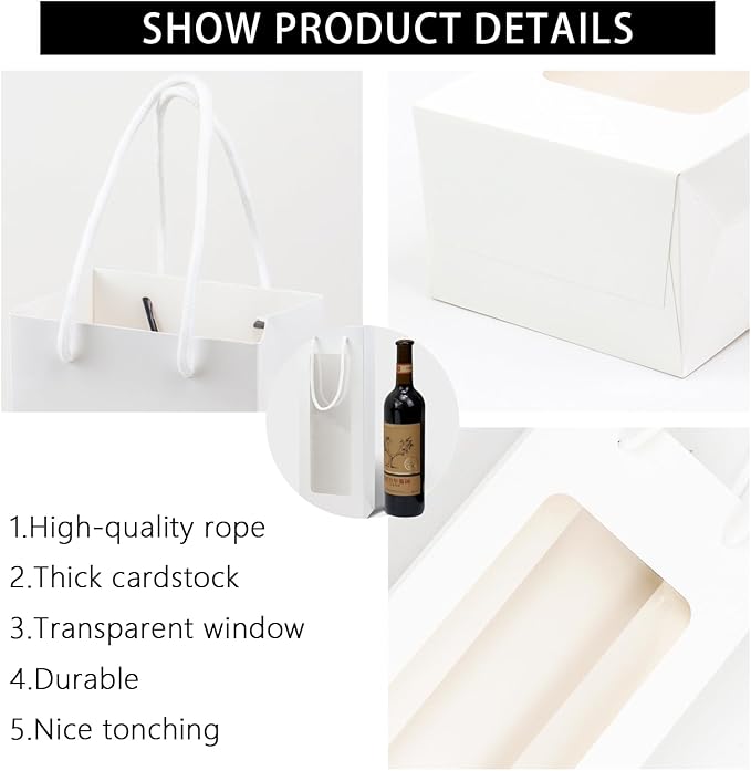 Ssyuysto 12 Pcs White Wine Gift Bags With Handle for Wine Bottles Gifts,4.9"x3.34"x14.1" Sturdy Kraft Paper Wine Bags With Window for Wedding Anniversary Birthday Party Christmas Thanksgiving