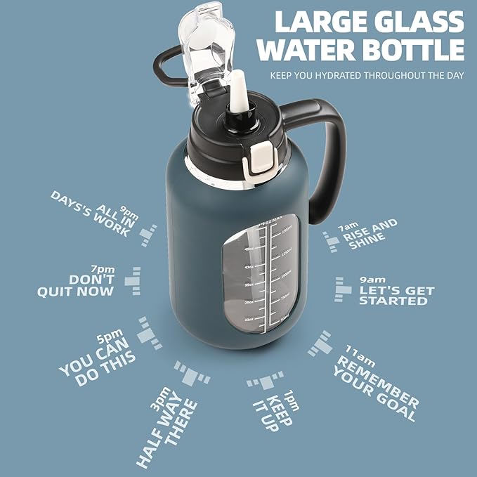 64oz Glass Water Bolttles Half Gallon Large Motivational Water Bottle with Time Marker Sports Water Bottles with Silicone Sleeve and Handle Lid Water Jug for Gym Workout-1 Pack