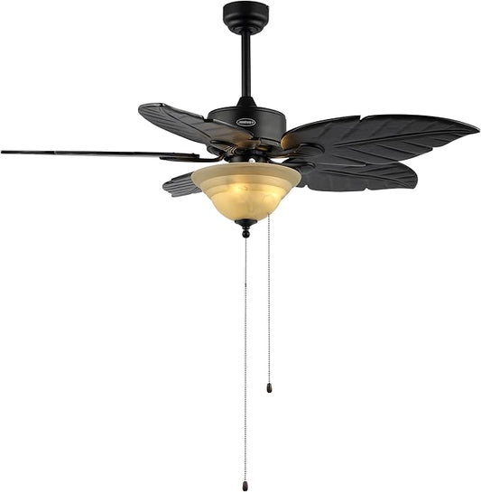 JONATHAN Y JYL9720A Poinciana 52" 3-Light Coastal Bohemian Iron/Wood Palm Leaf LED Ceiling Fan with Pull Chain Rustic, Eclectic, Transitional, Office, Living Room, Dining Room, Bedroom, Black