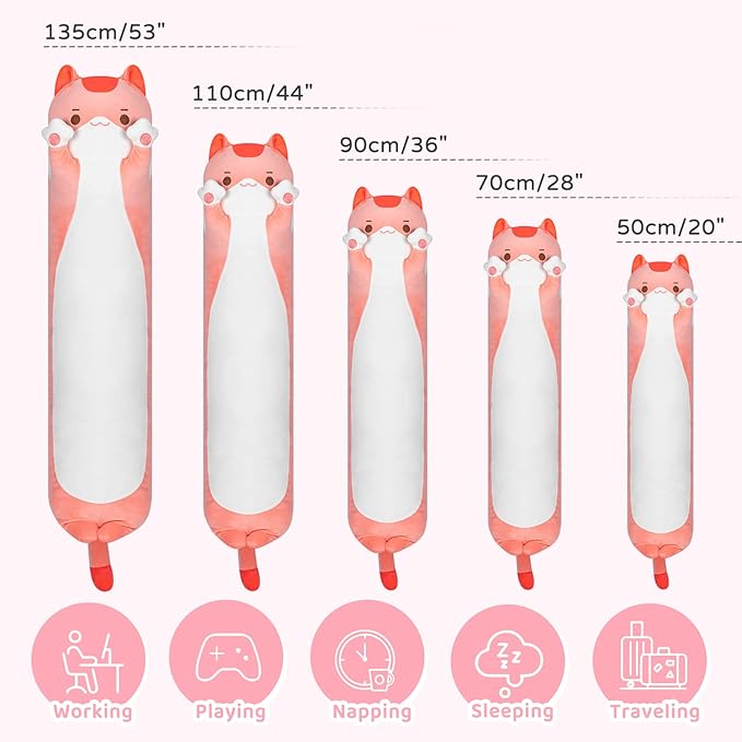 Long Cat Plush Kids Body Pillow, 28 Inch Cute Pink Cat Stuffed Animals Soft Plushies, Kitten Kawaii Plush Throw Pillow Doll Toy Gift for Girlfriend