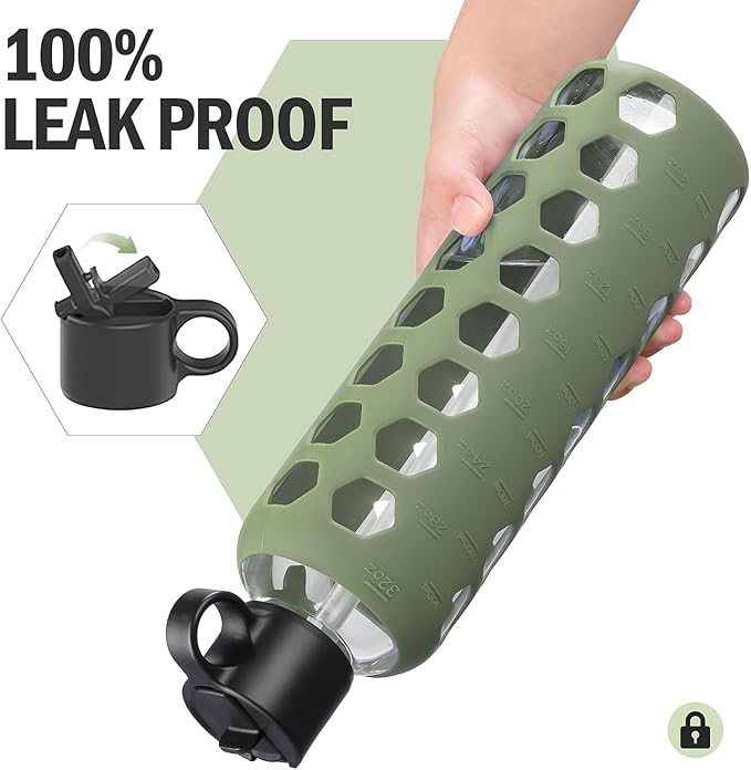 MUKOKO Glass Water Bottles, 32oz Glass Tumbler, Drinking Bottles with 2 Lids-Handle Flip Straw Lid&Bamboo Lid, Motivational Water Bottle with Time Marker and Silicone Sleeve, Leakproof-1 Pack-Olive