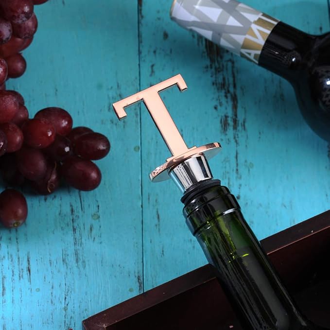 Miicol Wine Stoppers for Wine Bottles Toppers, Monogramm Cute Wine Accessories Gifts for Family Friends Women or Engagement Decorative, First Name Initial Letter T, Rose Gold