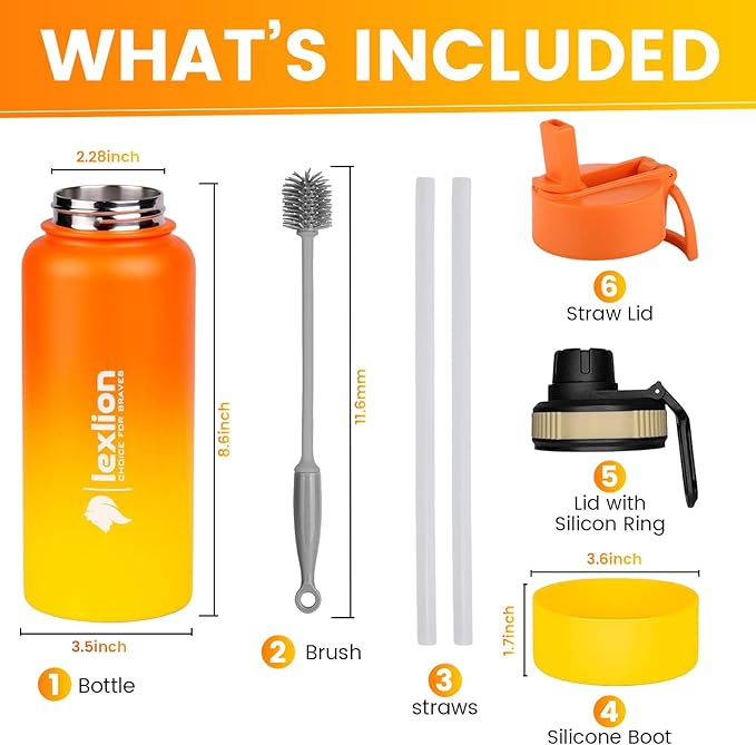 Water Bottle 32oz, Triple Walled Insulated Stainless Steel Reusable Bottle, Silicone Sleeve, Cleaning Brush, 2 Lids (Spout lid & Straw lid w/2 straw), Metal Mug Gallon, BPA Free, Sunset