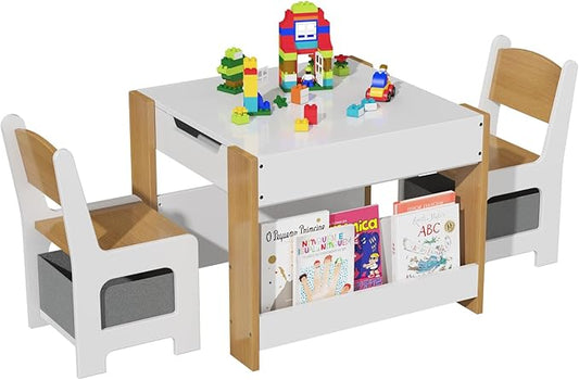 Kids Table and Chair Set, 4 in 1 Wooden Activity Table & 2 Chairs with Storage Drawer Detachable Tabletop for Toddlers Kids Drawing, Reading, Crafts, Art,Homework, Nursery, Playroom