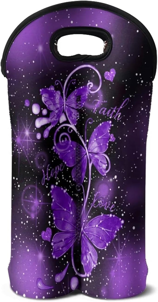 doginthehole Wine Tote Carrier Bag Purple Butterfly Print Neoprene Champagne Bottle Protective Sleeve Reusable Wine Bottle Bag Double Wine Carry Bag for Travel Picnic Dinner
