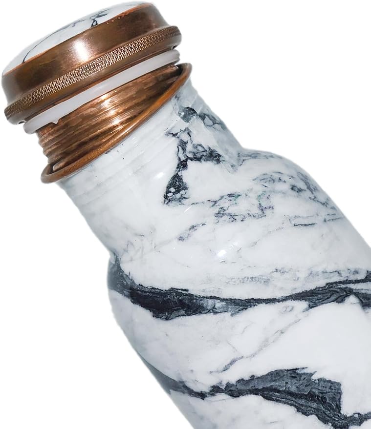 Copper Ayurveda Copper Water Bottle for Drinking – Travel Water Bottle for Gym, Yoga, Office, Hiking, Outdoor – with Lid (White Black Marble)