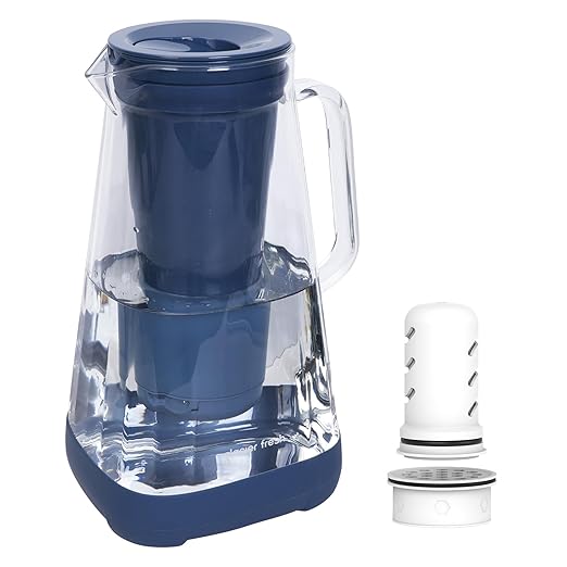 GLACIER FRESH Glass Water Pitcher for Tap and Drinking Water with Membrane and Activated Filter, Reduces Chlorine and Lead Taste, Food Grade and BPA Free Materials, 10-Cup, Blue