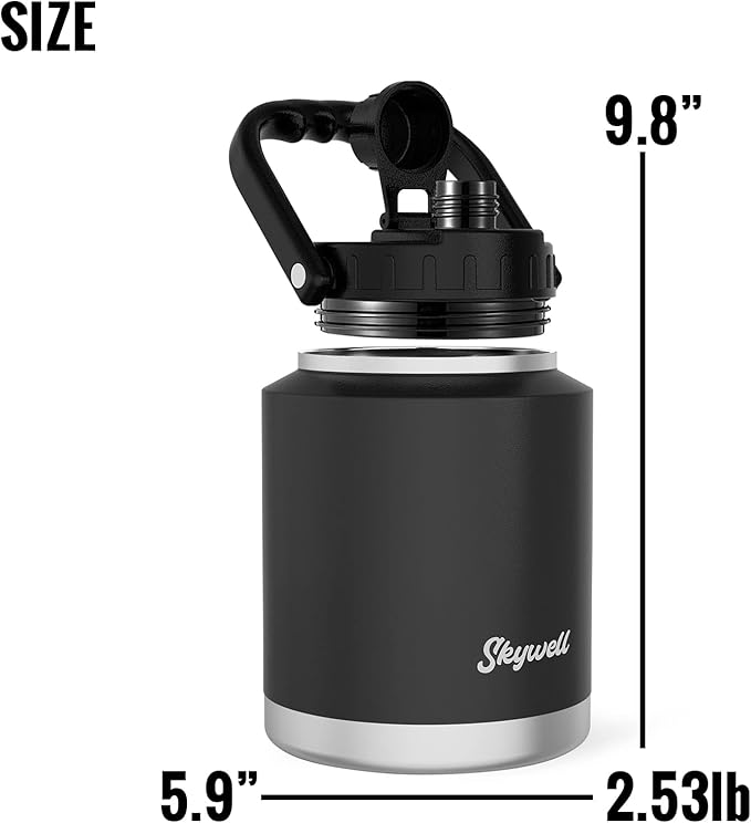 SkyWell Half Gallon Insulated Water Bottle with Handle and Wide Mouth Water Flask Sweat-Proof and Leak-Proof 64 Oz Water Jug for Outdoors, Black