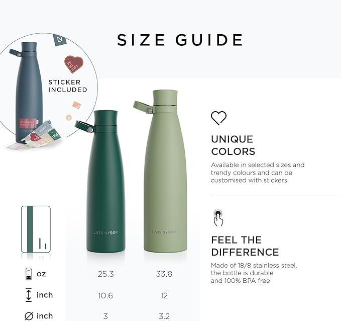 LARS NYSØM Stainless Steel Insulated Water Bottle 25oz 34oz | BPA-free Insulated Thermo Flask for Hot and Cold Beverages | Leakproof Drinking Bottle (Onyx Black, 34oz)