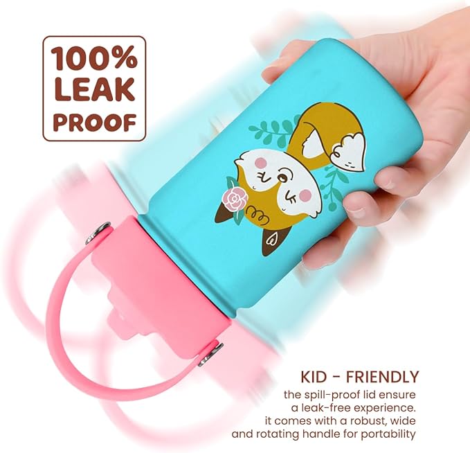 Fox Water Bottle - Kids Water Bottle with Straw Lid - 12 Oz Insulated Stainless Steel Water Bottles for Toddlers Kid Girl - Travel Cup for School Sports