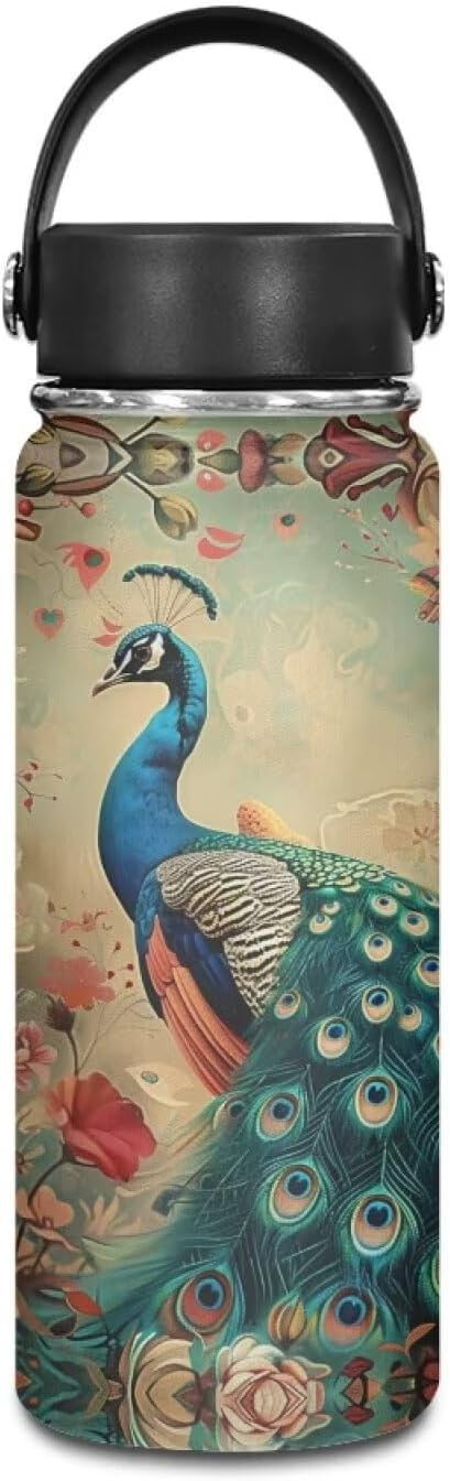 Peacocks Insulated Water Bottle 20 Oz Stainless Steel Leak Proof Vacuum Lightweight Keeps Cold and Hot Great for Travel Hiking Biking Running