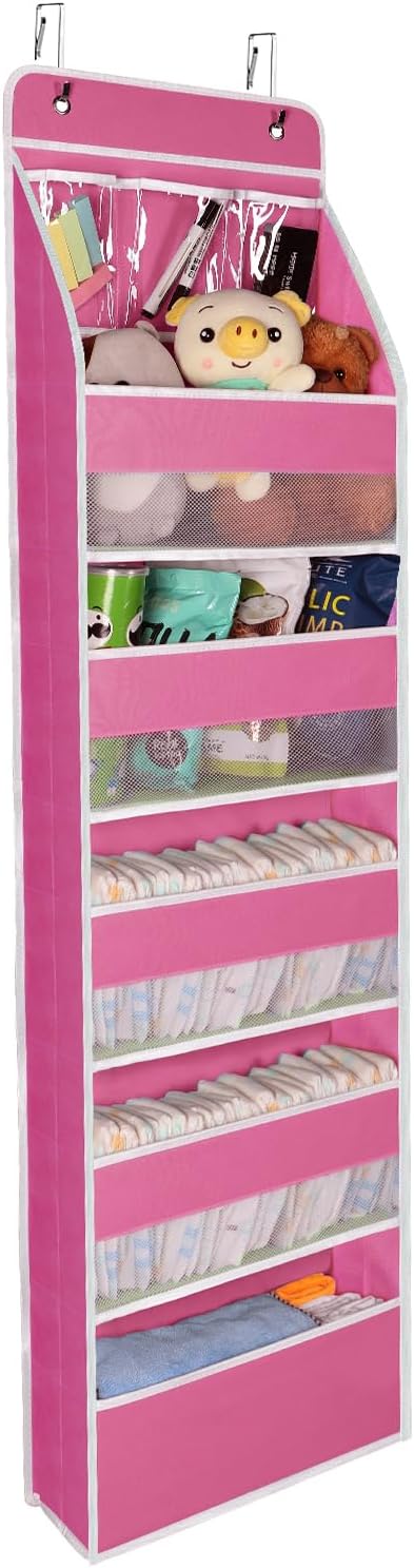 Univivi Door Hanging Organizer Nursery Over the Door Organizer Baby Storage with 5 Large Pockets and 3 Small PVC Pockets for Cosmetics, Toys and Sundries (Pink)