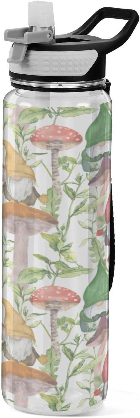 Kigai Mushroom Gnome Clear Water Bottle with Straw Lid, BPA-Free Leakproof Sport Water Bottle 32oz Large Gym Water Jug for Men Women Travel Fitness Outdoor