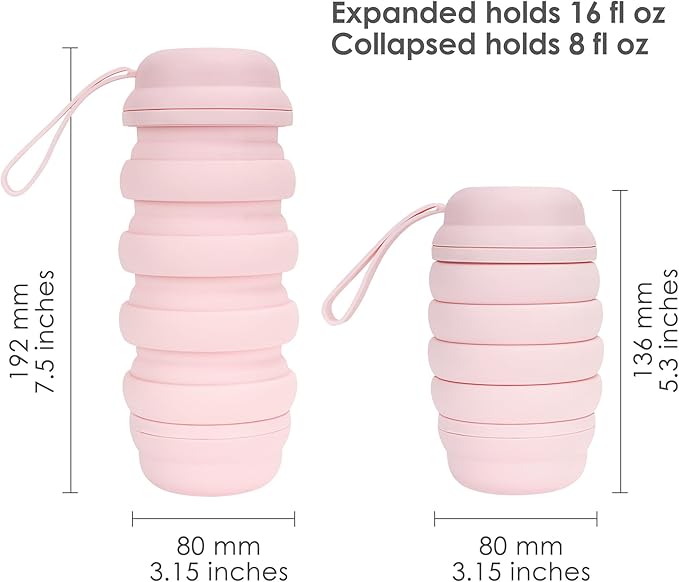 Collapsible Water Bottle, Reusable Water Bottle, 16 oz Water Bottle, Travel Sports, Pill Storage, Silicone Water Bottle, Lunch Bottle, BPA Free, Vitamin Storage. (Pink)