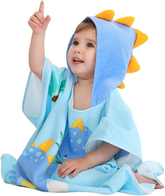 TONWHAR Kids Bath/Pool/Beach Hooded Poncho Towel-Cartoon Animal Pattern Cotton Beach Towel for Baby and Kids (New Dinosaur, 1-4 Years/Height:33.4"-43.3")