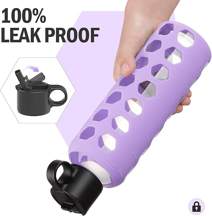 MUKOKO Glass Water Bottles, 24oz Glass Tumbler, Drinking Bottles with 2 Lids-Handle Flip Straw Lid&Bamboo Lid, Motivational Water Bottle with Time Marker and Silicone Sleeve, Leakproof-1 Pack-Purple