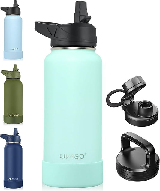 CIVAGO 32 oz Insulated Water Bottle With Straw, Stainless Steel Sports Water Cup Flask with 3 Lids (Straw, Spout and Handle Lid), Wide Mouth Travel Thermal Mug, Seafoam