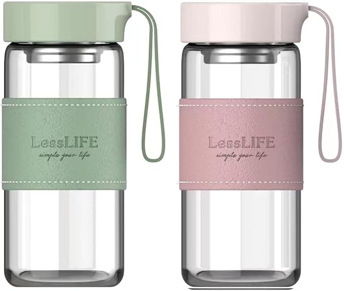 Snminetal 16 oz Borosilicate glass water bottle-with sealing cap and Holsters and filters Reusable Portable Glass drinking Bottle Apply to Make tea, coffee, office Go To School (Pink+Green)