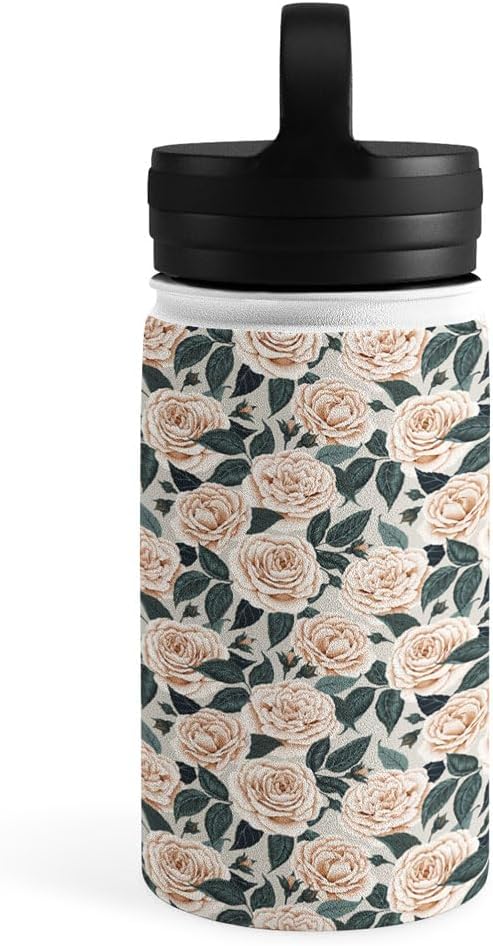 Deny Designs Water Bottle, Handle Lid 12 oz, Avenie A Realm of Roses White