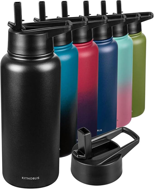 Water Bottle Insulated 32oz Straw Lid, Leak Proof, Vacuum Insulated,Stainless Steel Water Bottle Wide Mouth for Sports, Gym, BPA-Free Keep Cold 24H Hot 12H (BLACK)