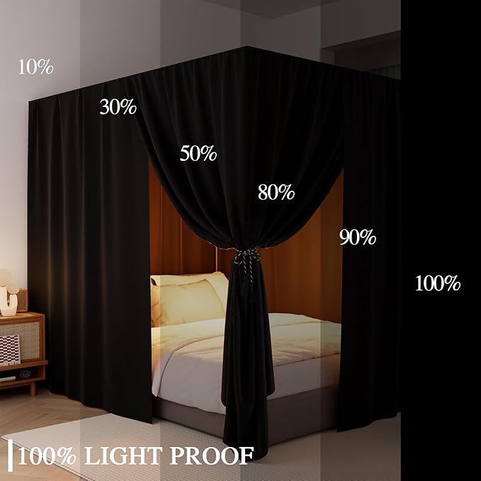 Black Canopy Bed Curtains - 4 Corner Post Bed Curtains Queen Lightproof Drapes Bed Canopy Curtains with Tie Backs for Adults & Girls Bedroom Decoration(Black,Queen)