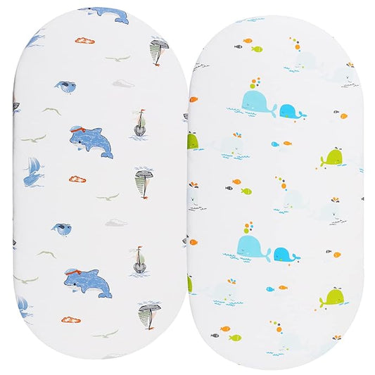 Bassinet Sheets Compatible with Graco Pack ‘n-Play Dome LX Bassinet (not Playard), 2 Pack, 100% Jersey Knit Cotton 190GSM, Ultra Soft Breathable, Dolphin and Whale