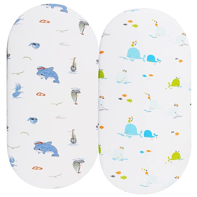 Bassinet Sheets Compatible with 4moms Mamaroo Sleep Bassinet, 2 Pack Fitted Sheets, 100% Jersey Knit Cotton 190GSM, Ultra Soft Breathable, Dolphin and Whale