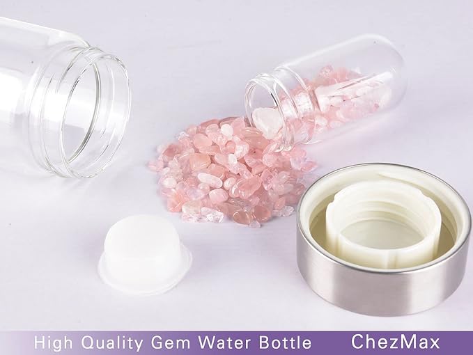 Crystal Glass Water Bottle, Glass Water Bottle with Changeable Natural Crystal Center, Quartz Gemstone Water Bottle for Natural