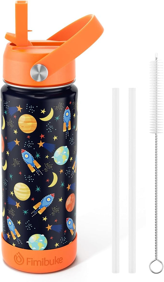 Fimibuke Kids Insulated Water Bottle - 18oz BPA-FREE 18/8 Stainless Steel Kids Cup with Straw Travel Tumbler Double Wall Vacuum Leak Proof Toddler Water Bottle for School Boys Girls(1 Pack, Space)