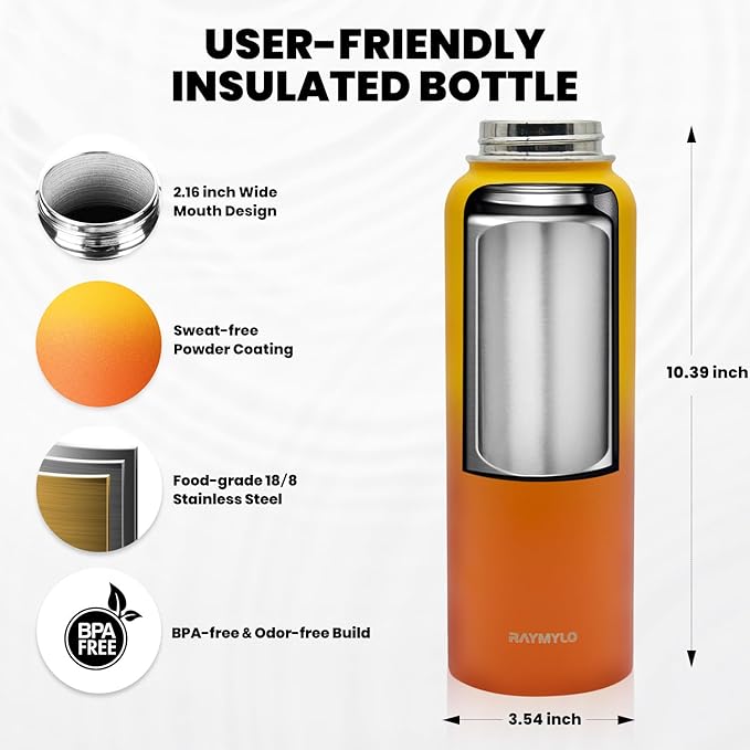 Insulated Water Bottle 40 oz, Triple Wall Vacuum Stainless Steel (Cold for 48 Hrs), Leak Proof & Non-BPA, Modern Water Flask Jug with Paracord Handle & Straw Spout Lids, Ombre Orange