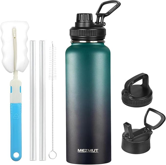 Insulated Water Bottle with Straw&3 Lids 40oz Stainless Steel Water Bottles Metal Water Bottle Double Walled Vacuum Insulated Bottles Thermos Leak-Proof Travel Thermal (Gradient Green Black)