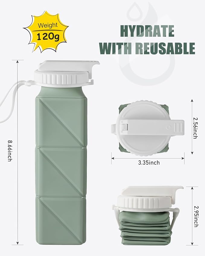 Opard Collapsible Water Bottles 21 Oz - BPA Free, Leak Proof, Foldable Silicone Collapse Water Bottle with Straw, Easy to Compact and Expandable, Travel Essentials Accessories (Green + Pink)